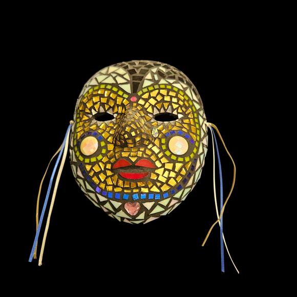Handmade Mosaic Ceramic Face Mask Wall Art - Colorful Glass Tiles - Tribal Style - Picture 1 of 3